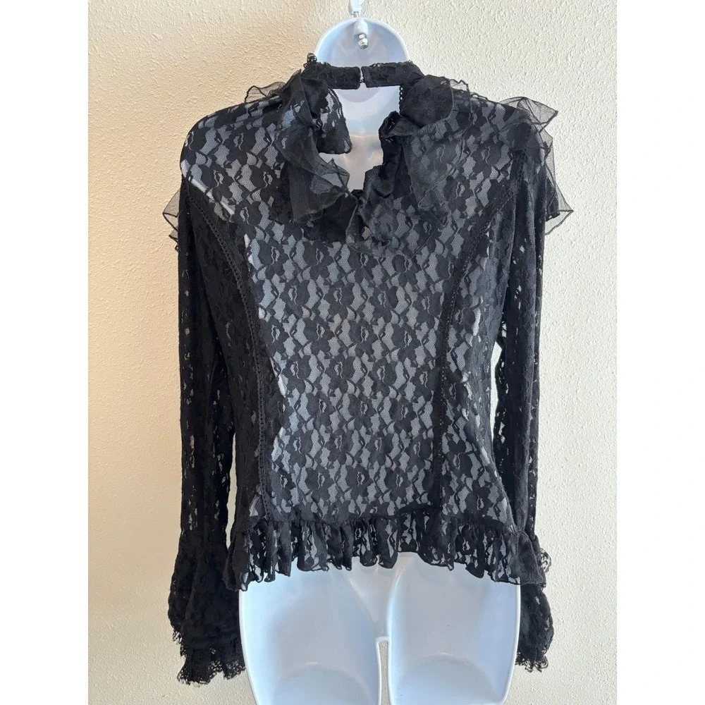 NWT Burleska Queen Top Women Medium Black Lace Ruffle Gothic Victorian Steampunk - Picture 2 of 8